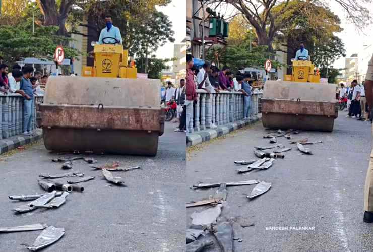 Shivamogga Police Bulldoze 70 Illegal Exhausts And 3000 Half Helmets [Video]